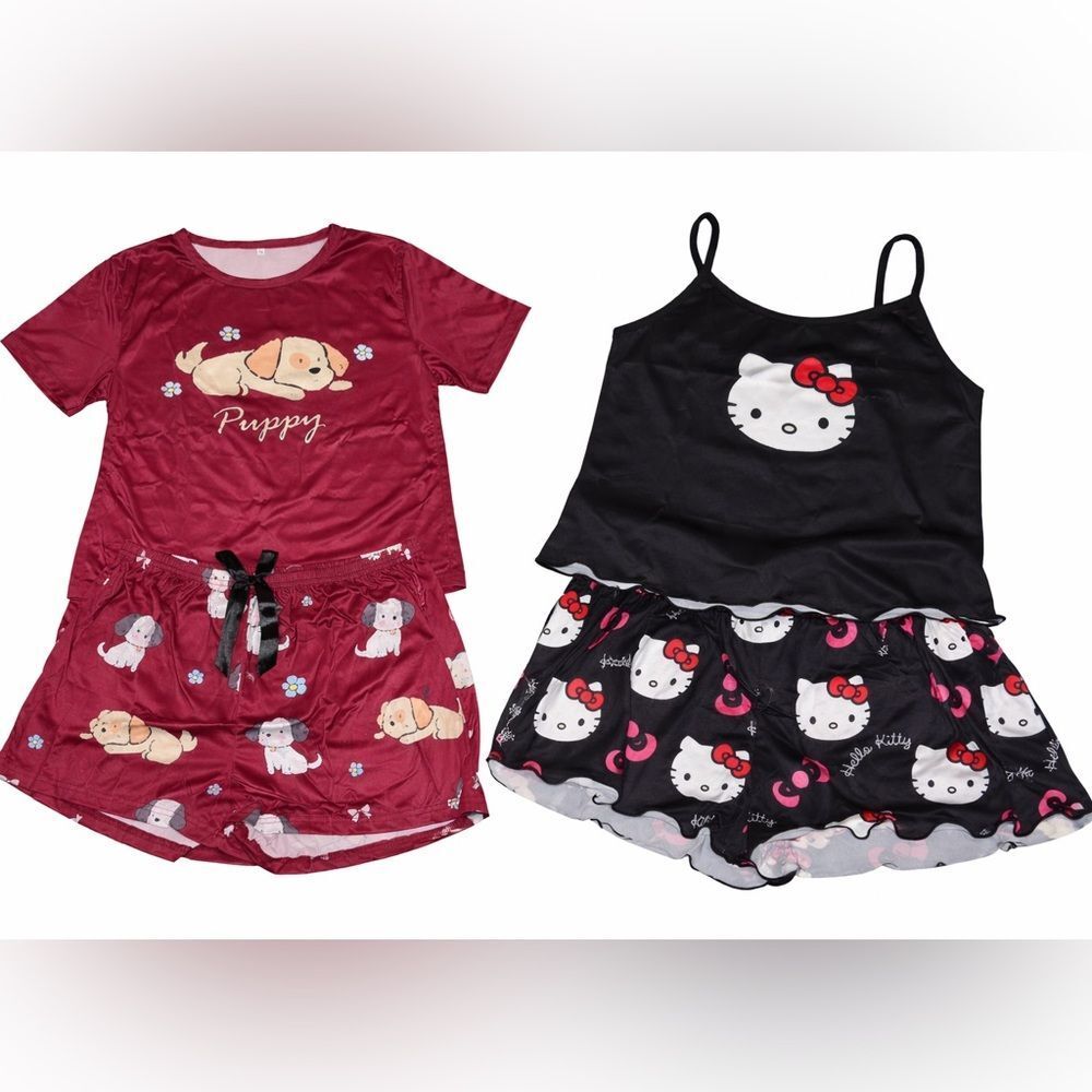 Women’s Small Pajama Sets Hello Kitty & Puppy Satin Feel Sleepwear Shorts